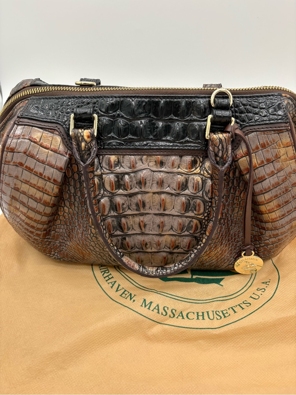 Vintage Brahmin Alden Satchel Brown Croc Embossed Leather Bag